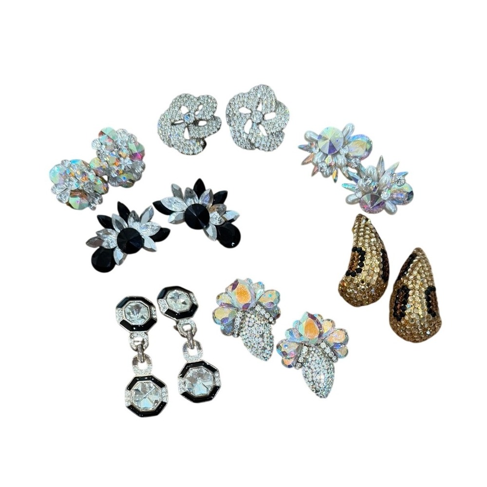 Vintage‎ Clip Earrings Lot 7 Pairs Rhinestone AB Crystal Art Deco Leopard Print